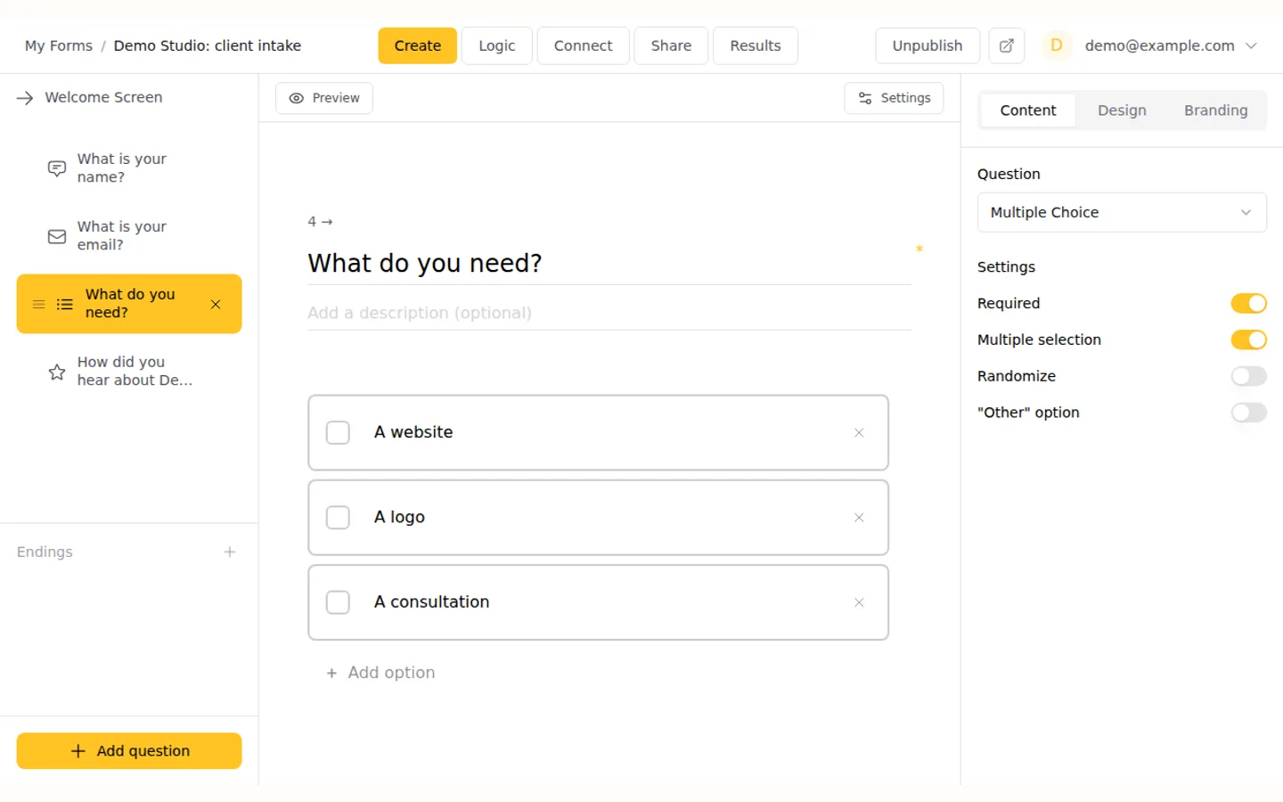 The MangoForm form builder with a sample client intake form